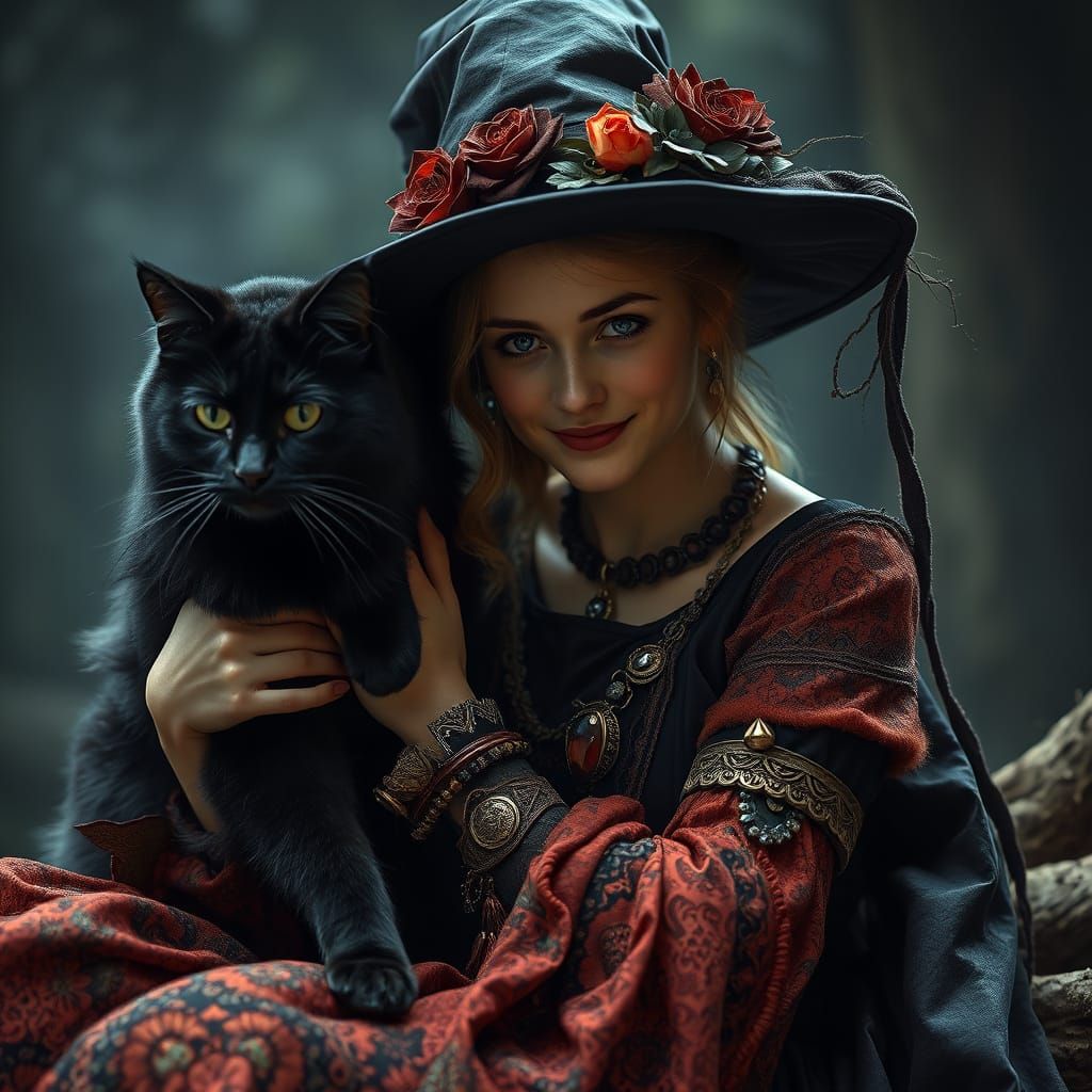 Enchanted Witch in Mystical Attire with Majestic Black Cat