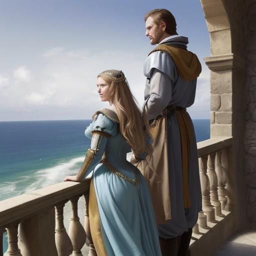 Medieval Couple Admiring Distant Ships