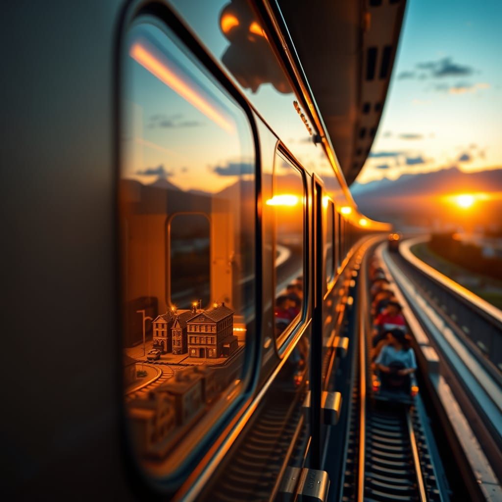 Majestic Train Speeds Along Glowing Tracks at Twilight, Refl...