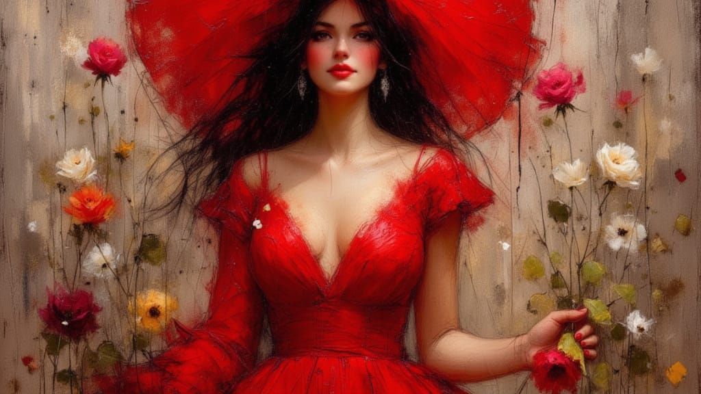 Elegant London Princess in Scarlet, Oil Painting