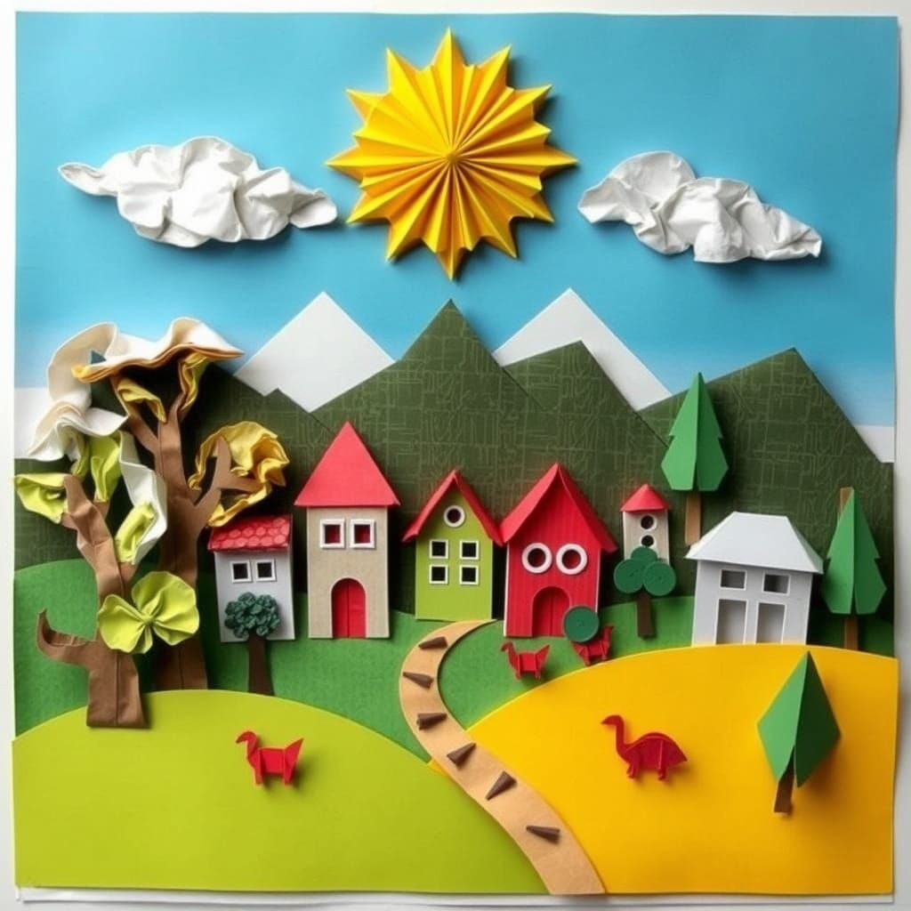 Paper Art Village Scene with Origami and Cut-outs