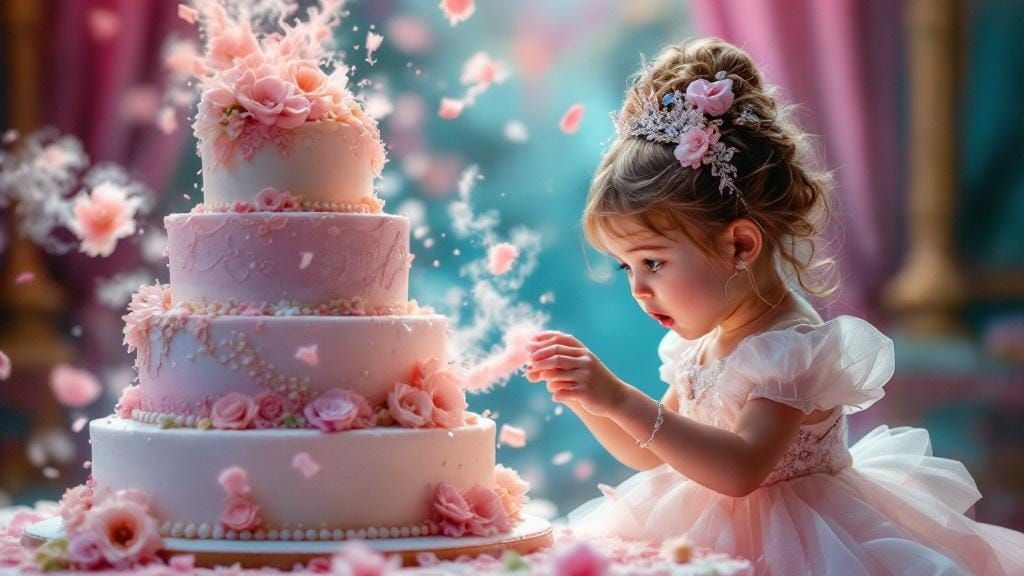 Girl Pokes Elaborate Wedding Cake, Hyperrealistic Art