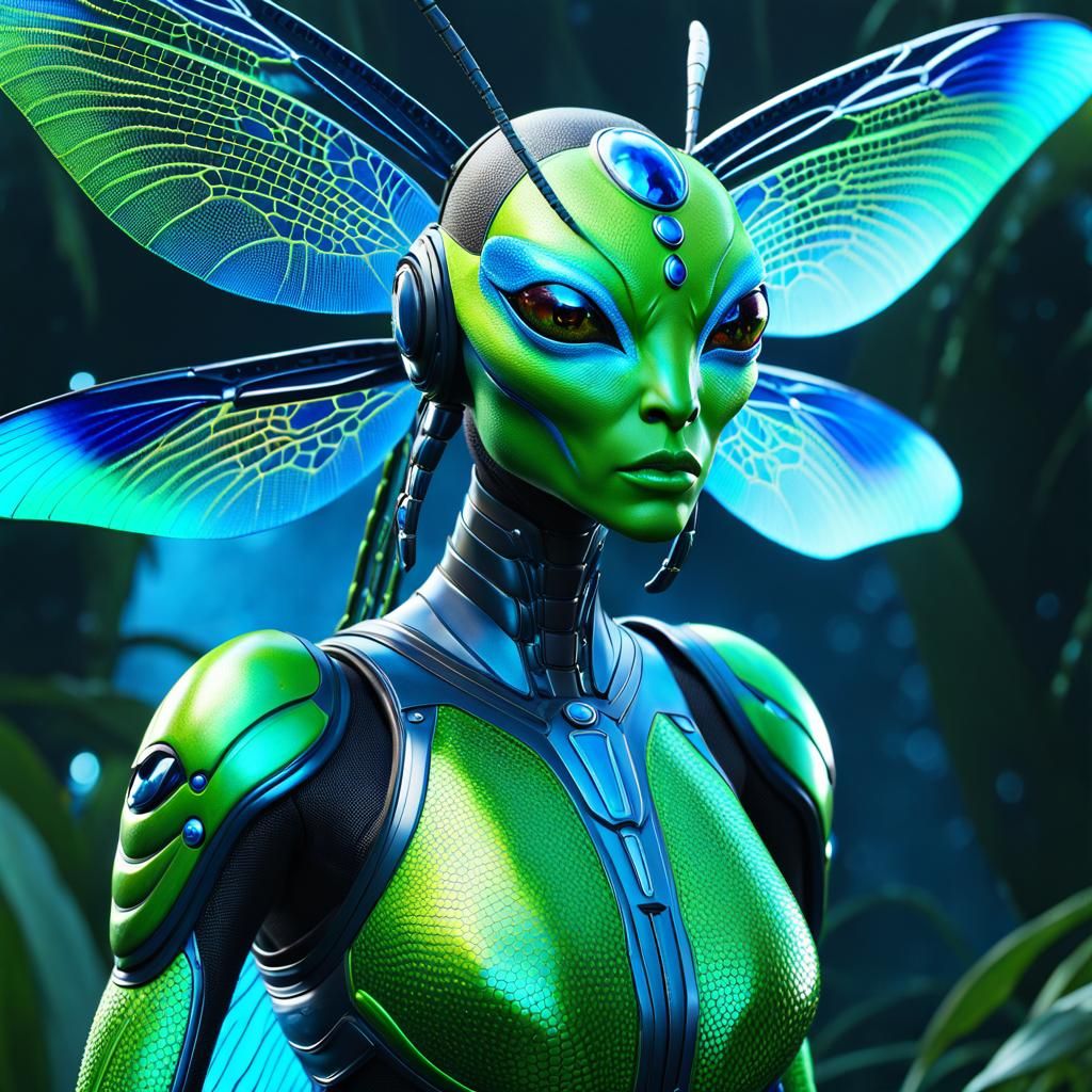 Exotic Dragonfly Alien Girl in Biopunk Style