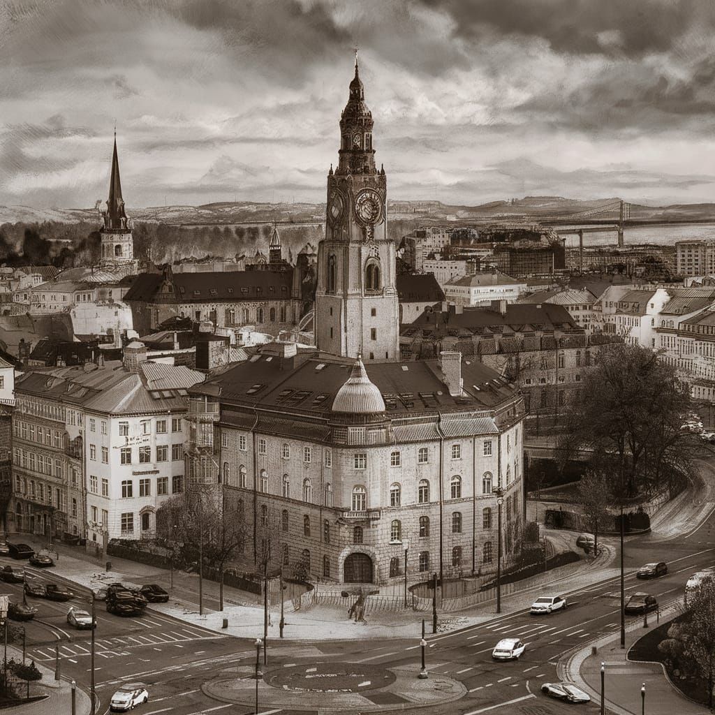 Detailed Charcoal Drawing of Sweden City View