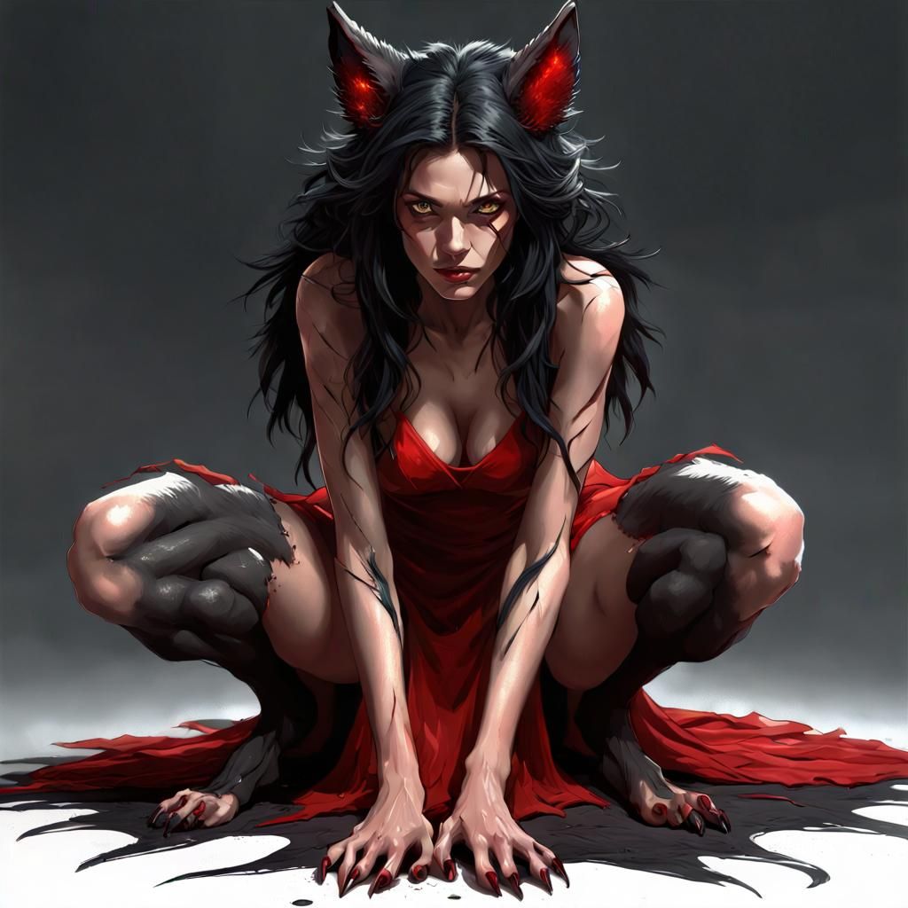Wolf Woman in Torn Dress: Dark Fantasy Art