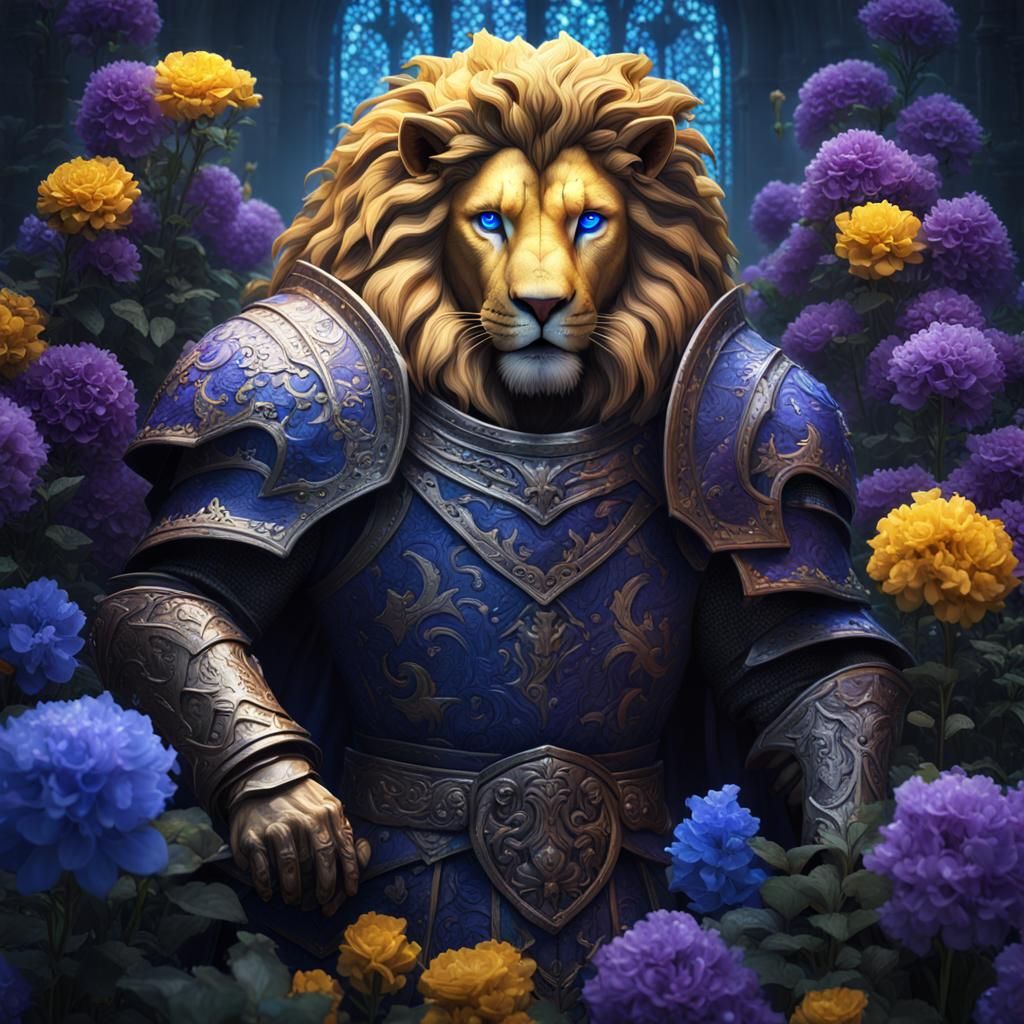 Lion Knight Surrounded by Blue Flowers, Dark Fantasy Art