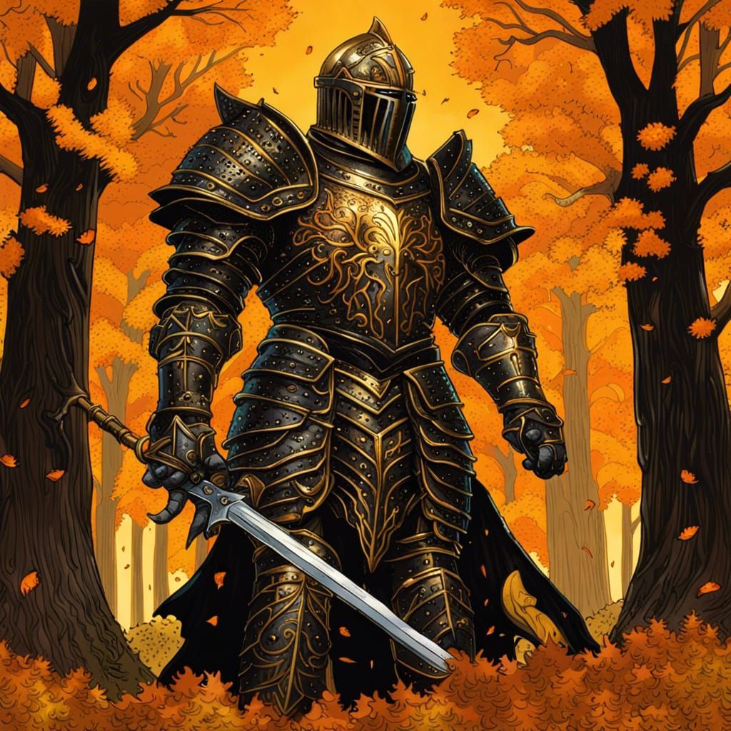 Unholy Paladin in Autumnal Forest, Comic Book Art
