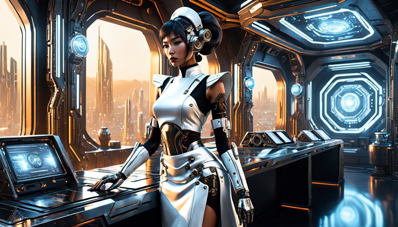 Sleek Cyberpunk Housemaid in Futuristic Mansion