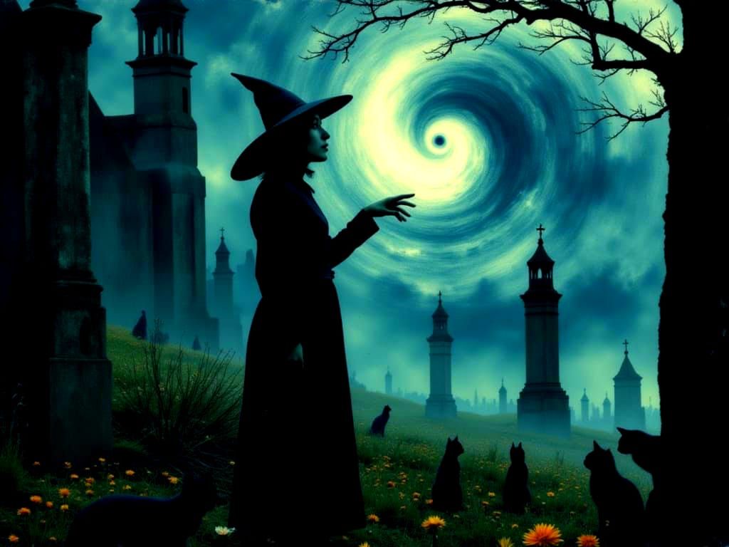 Halloween Witch Casting Spell in Foggy Cemetery with Ghosts