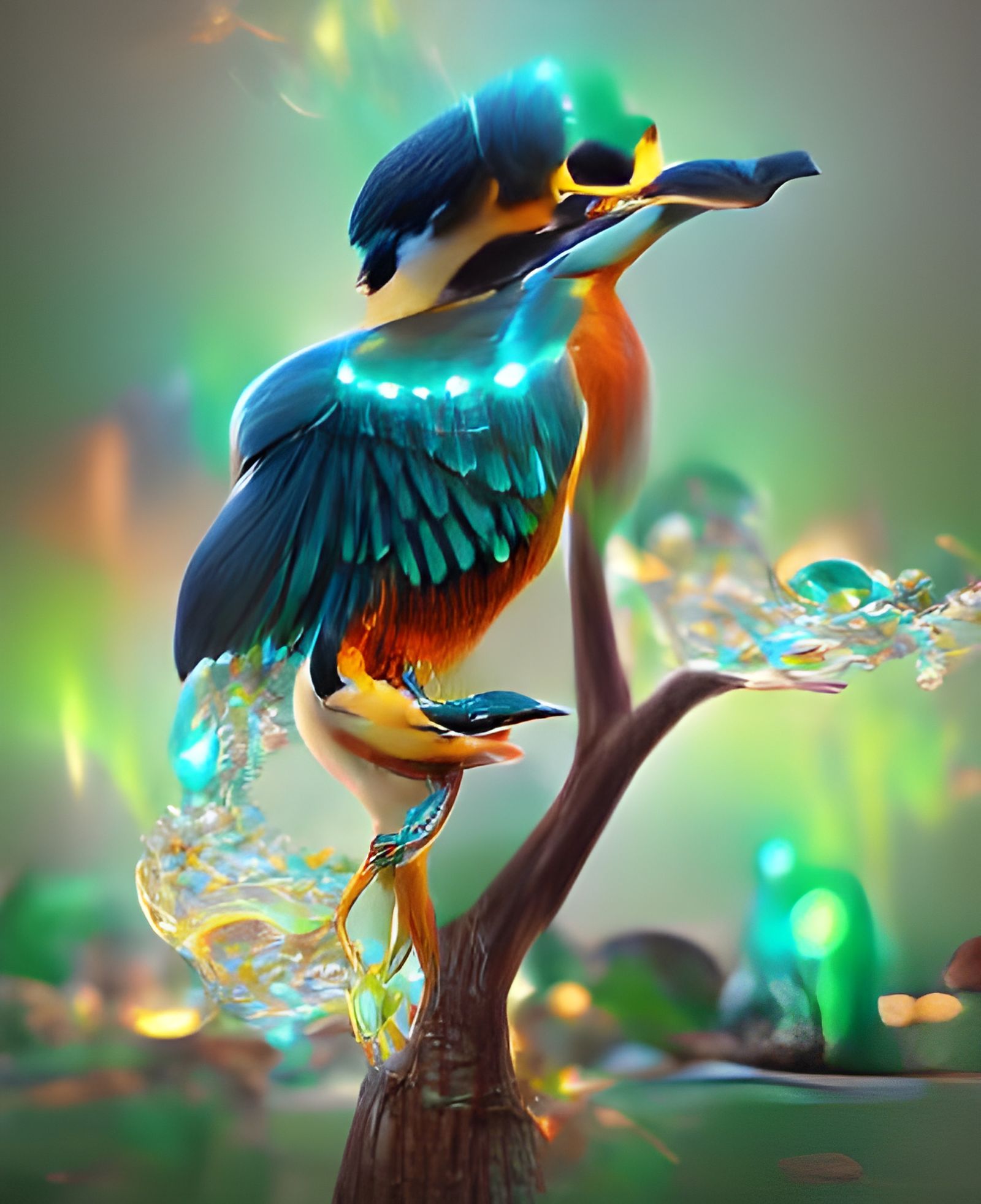 Magical Kingfisher with Glowing Crystals