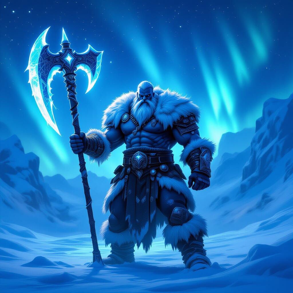 Blue Frost Goliath Barbarian With Glowing Halberd
