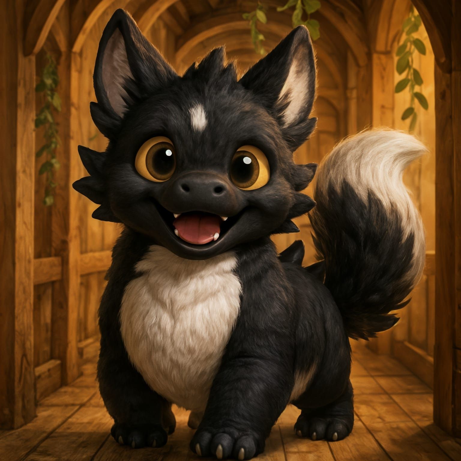 Cute Dragon with Wolf Features in Fantasy Hallway