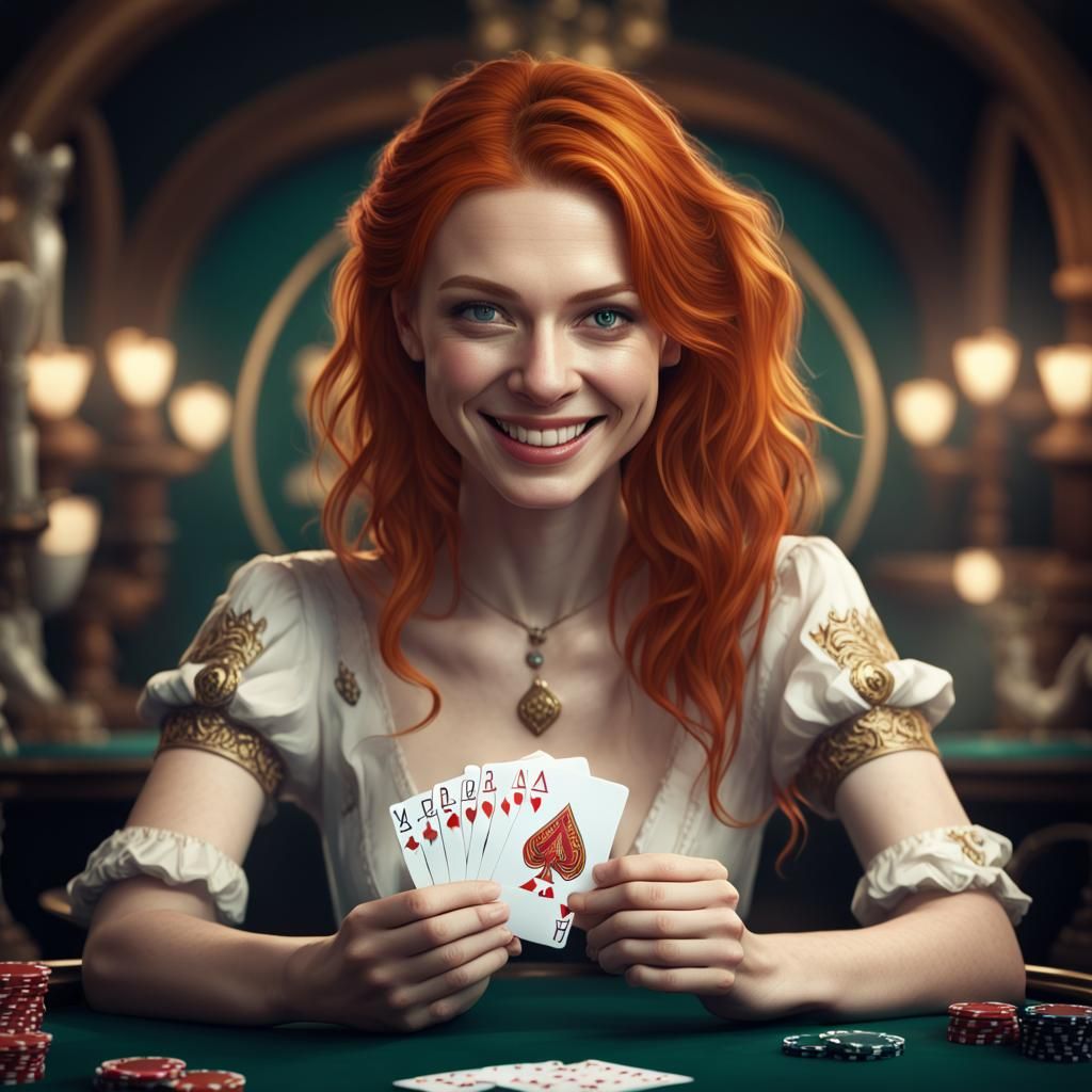 Redhead Girl Holding Poker Cards Fantasy Art