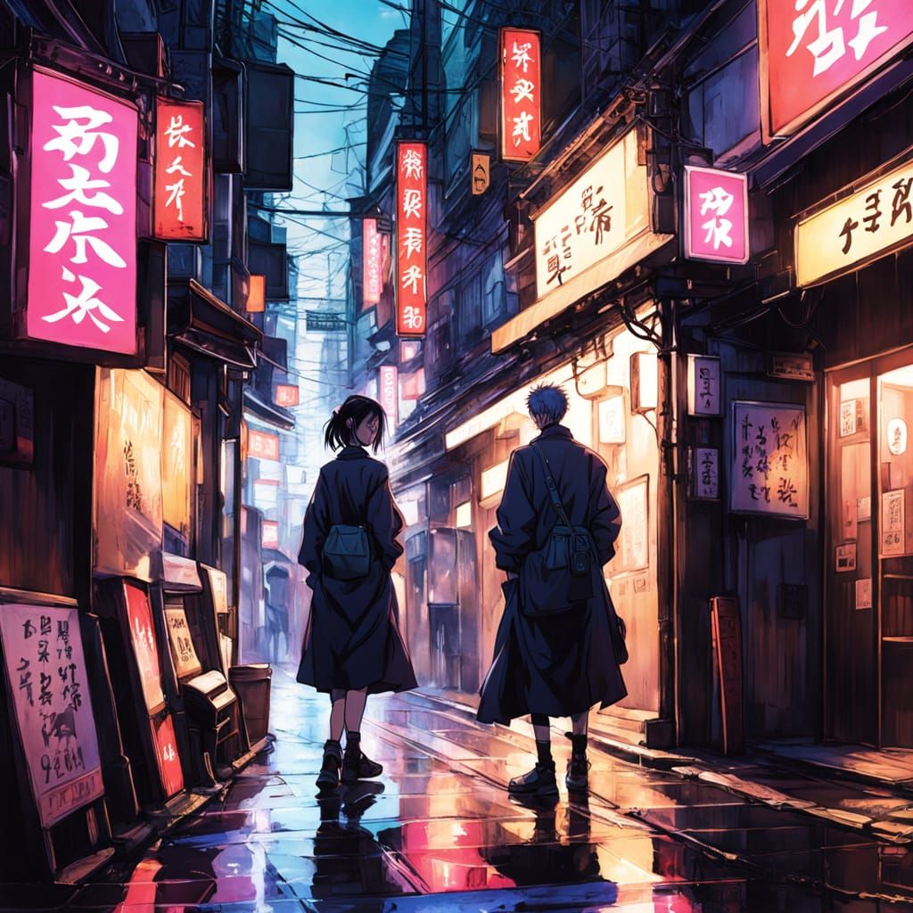 Anime-Style Poster of Confident Duo in Tokyo Alley