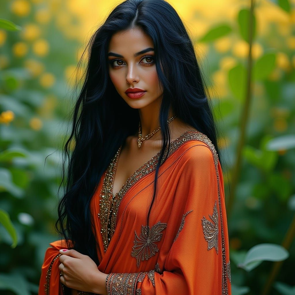 Indian Woman Portrait in Lush Garden