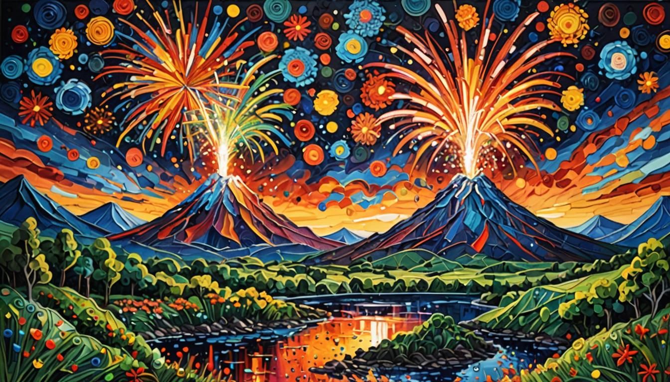 Volcano Fireworks Landscape in Expressionist Style