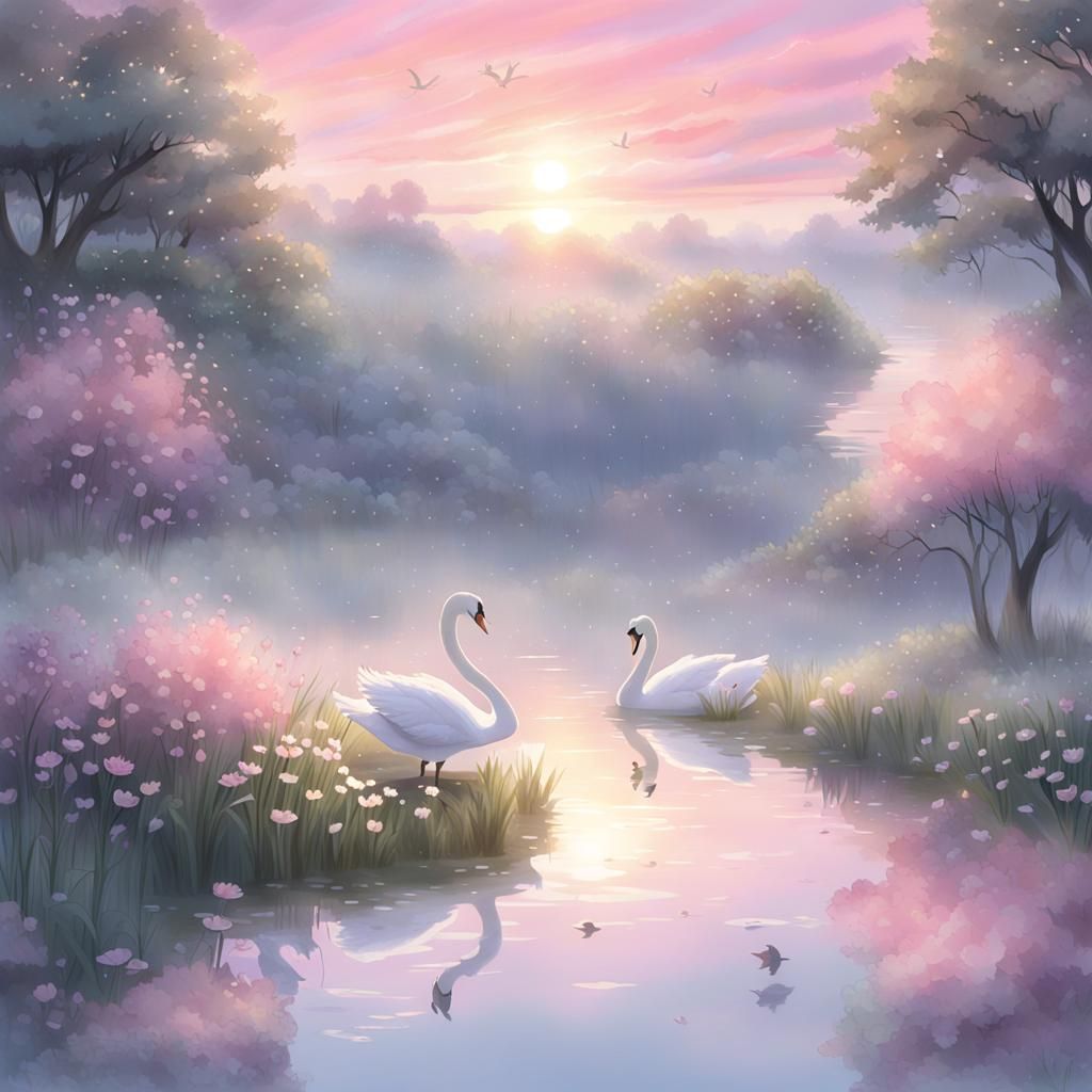 Misty Pink Sunrise with Swans: Anime-Inspired Scene