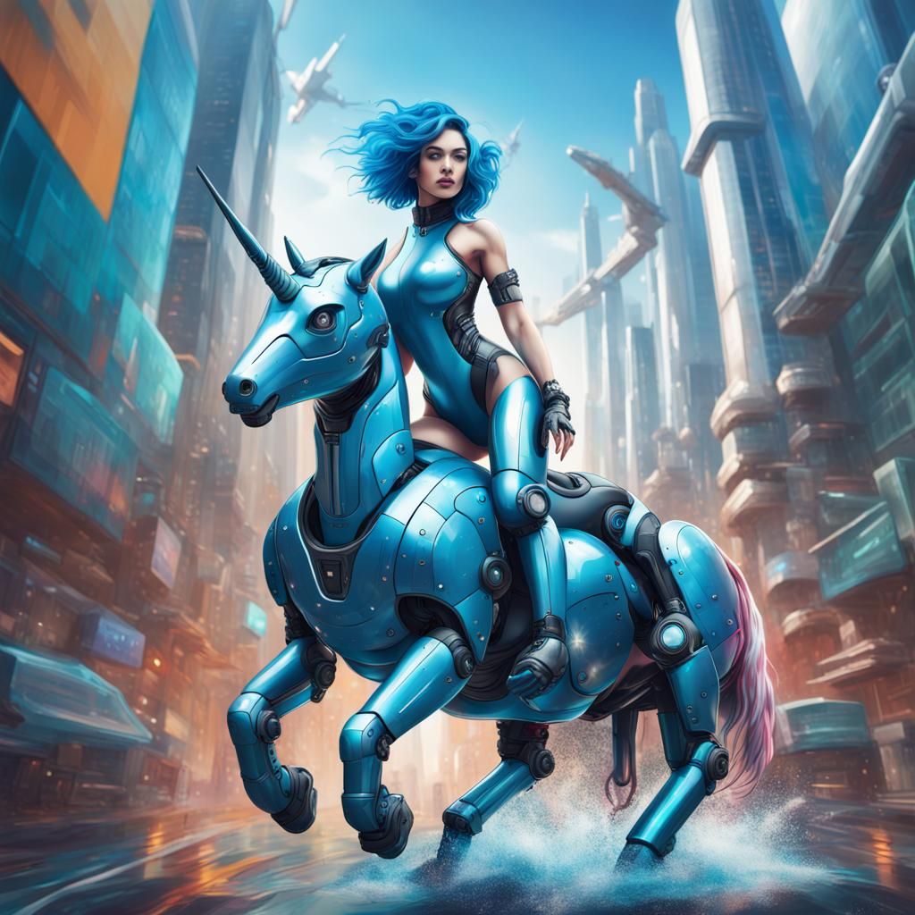 Cyberpunk Girl on Robotic Unicorn in Future City