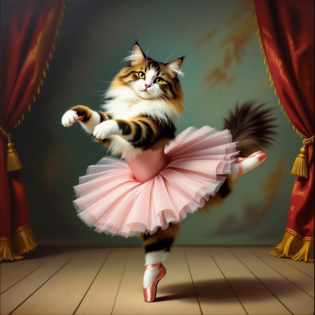 Elegant Cat Performs Ballet on Stage in Oil Painting Style