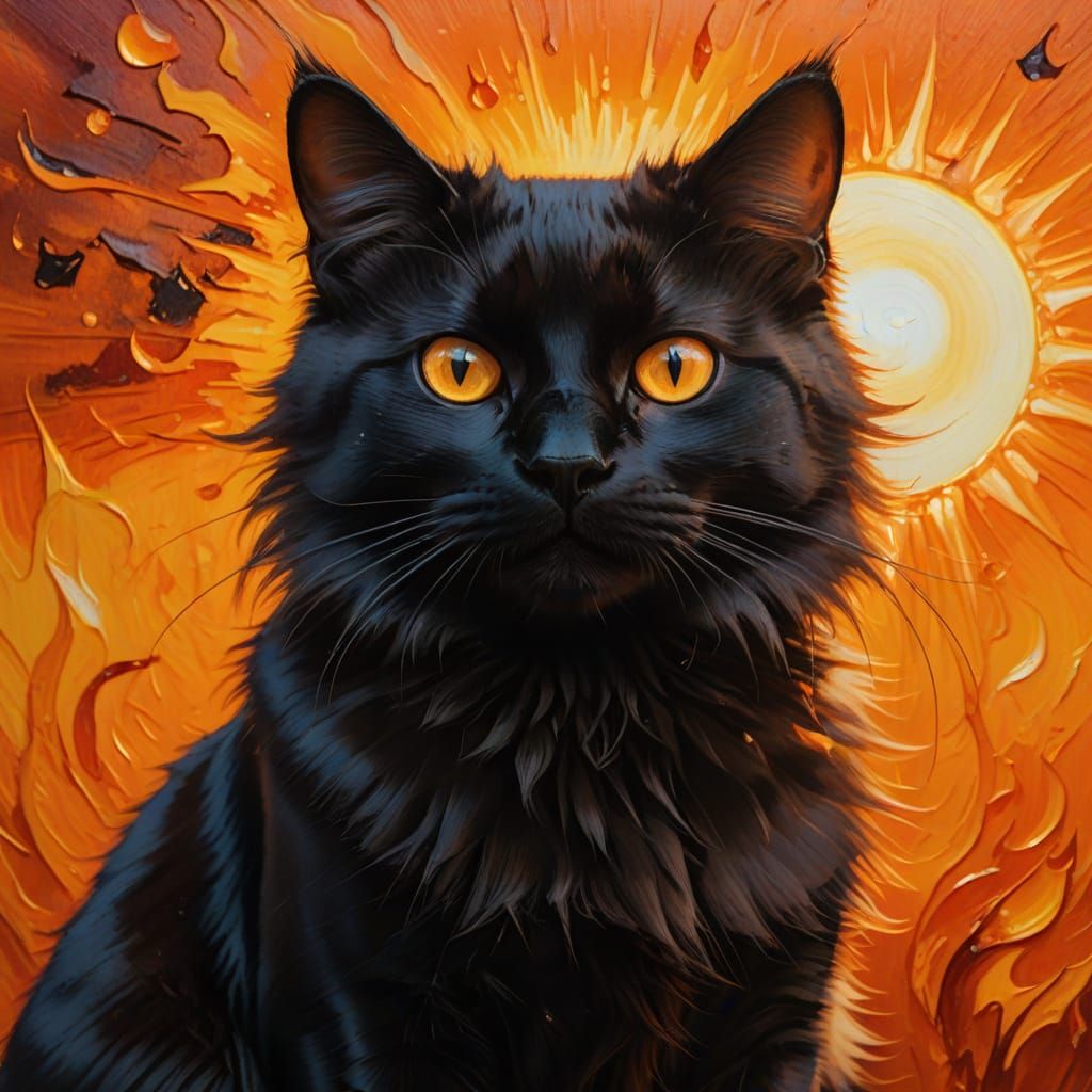 Black Cat on Sun: Surrealist Oil Painting