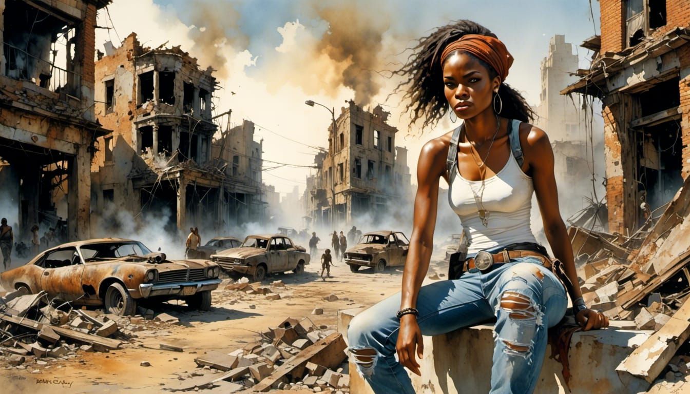 Post-Apocalyptic Woman in Ruined City, Watercolor Art