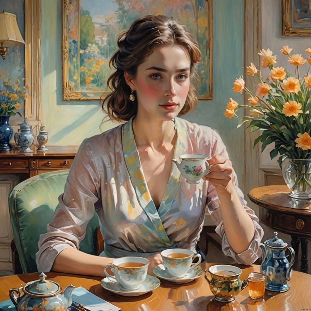 Breakfast Scene with Woman Drinking Tea
