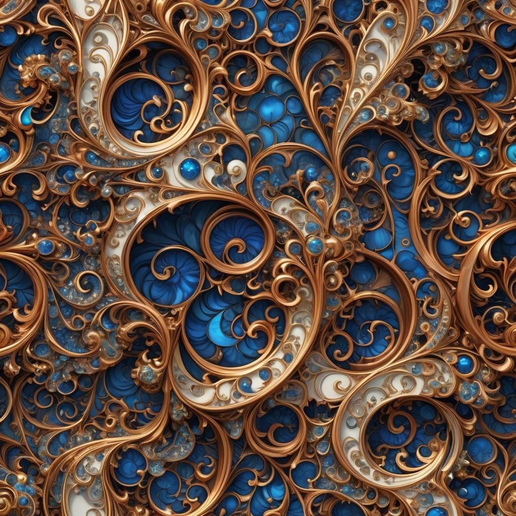 Fractal Swirls: Copper, Cobalt, and Ivory Fantasy Art