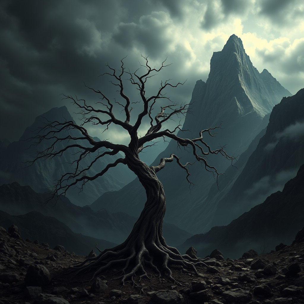 Ominous Landscape with Twisted Tree in Surreal Style