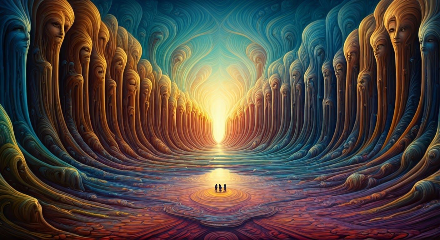 Vibrant Surreal Landscape with Abstract Faces