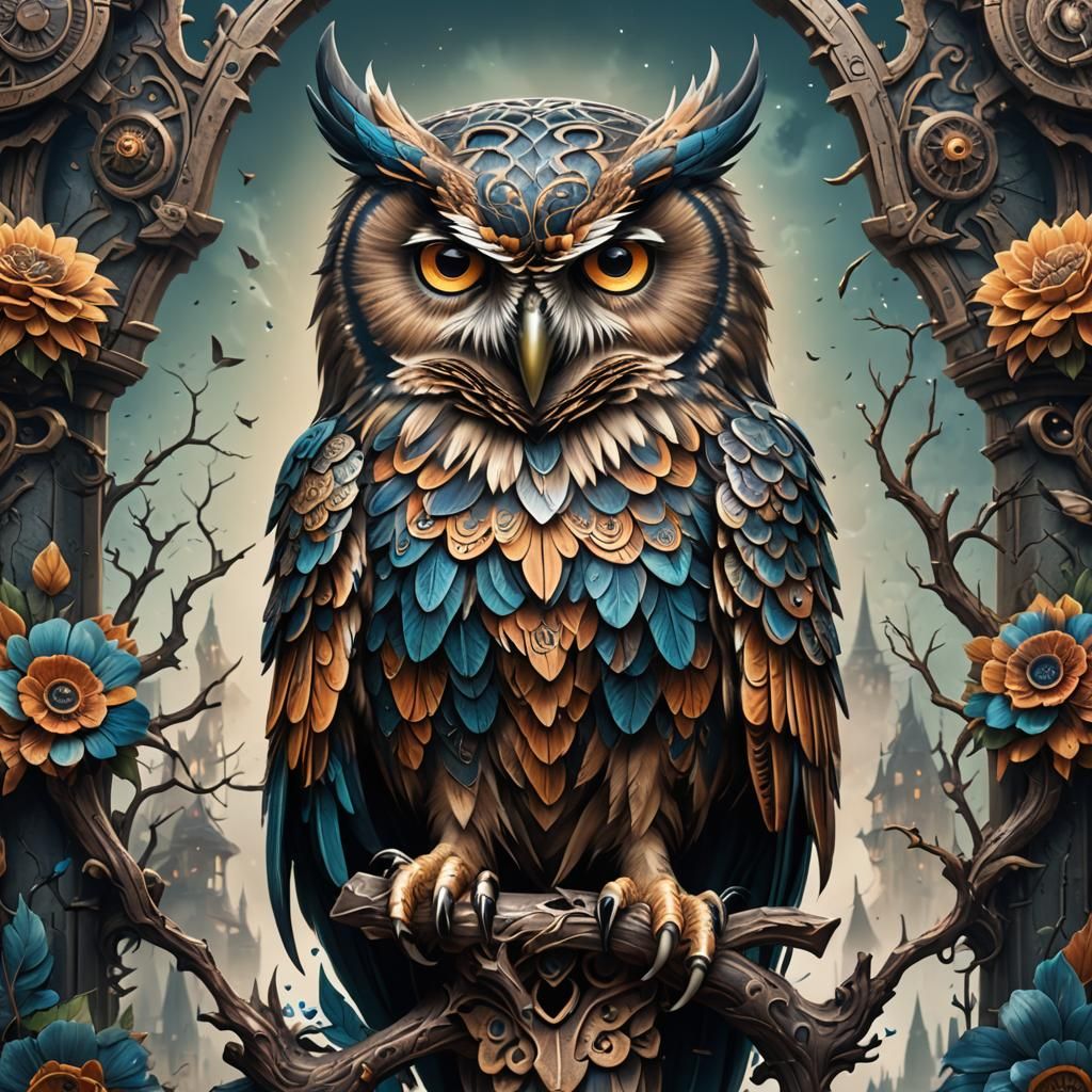 Detailed Owl Arm Tattoo in Matte Painting Style