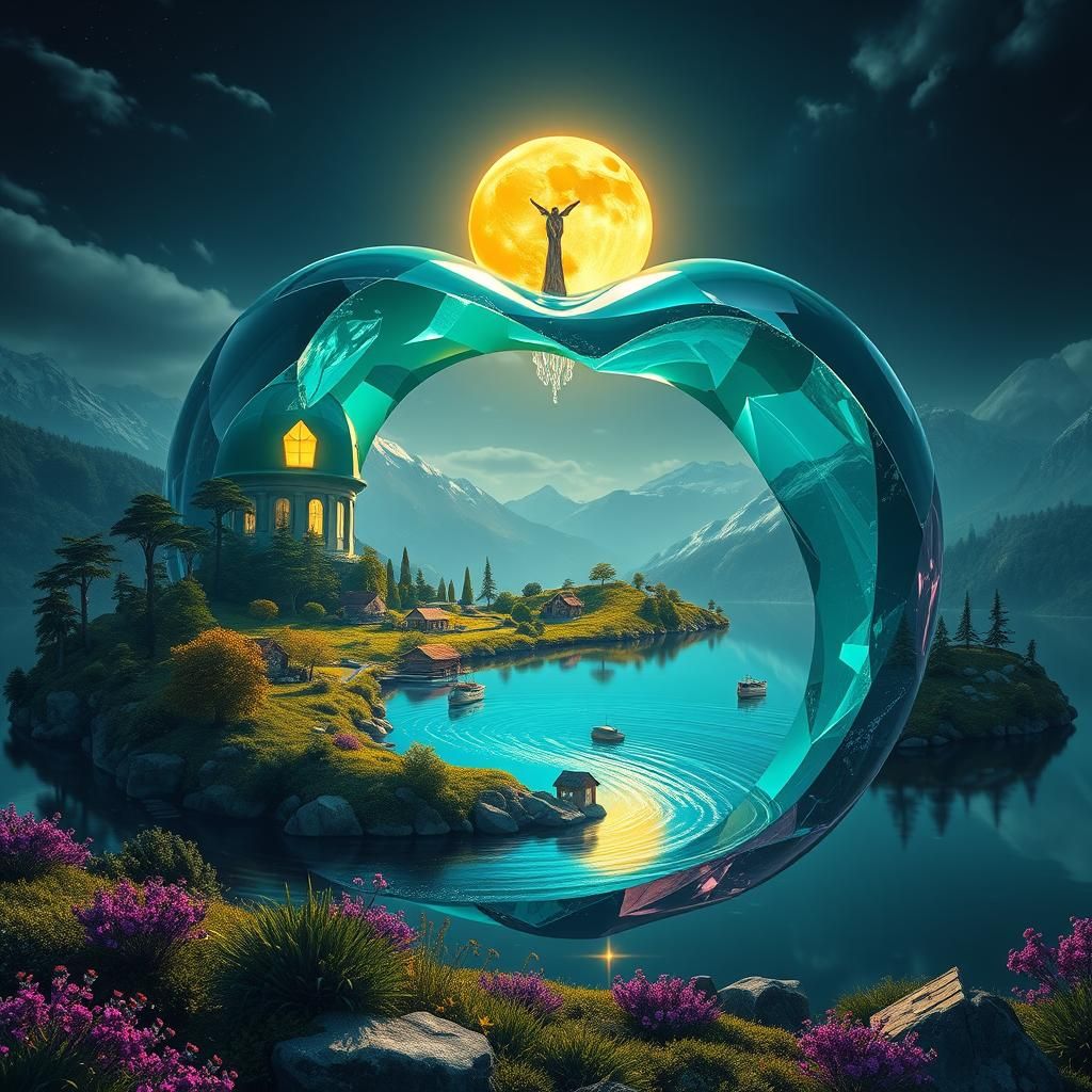 Crystal Apple Village Under Yellow Moon, Detailed Matte Pain...