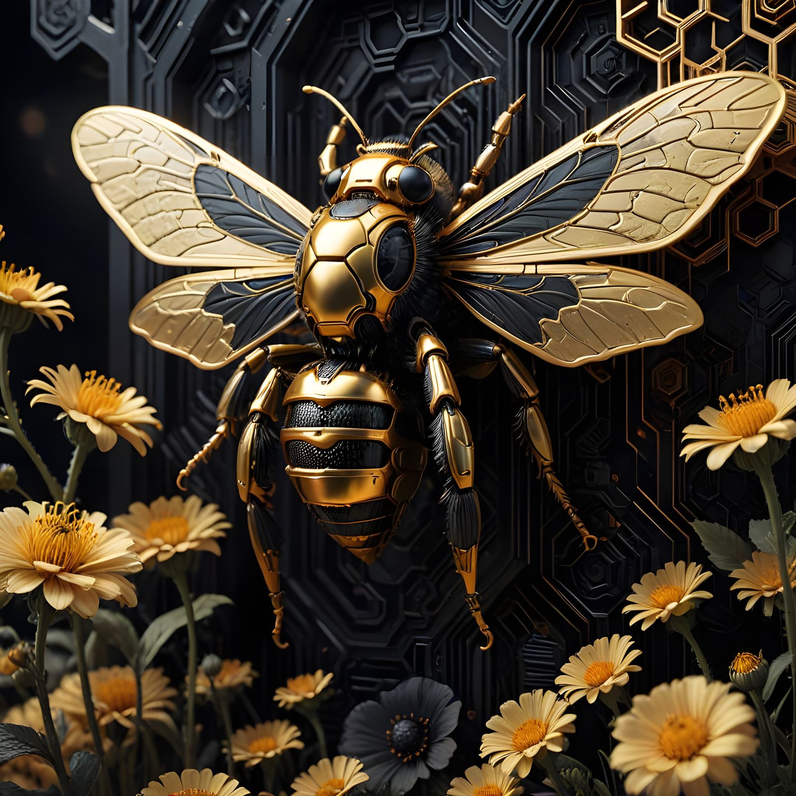 Cyberpunk Bee Reigns Over Dark, Golden Honeycomb