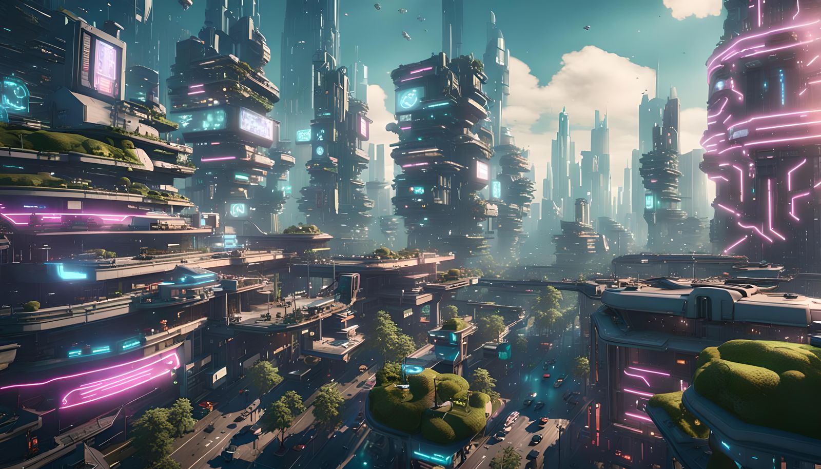 Cyberpunk Cityscape with Flying Cars and Neon Billboards
