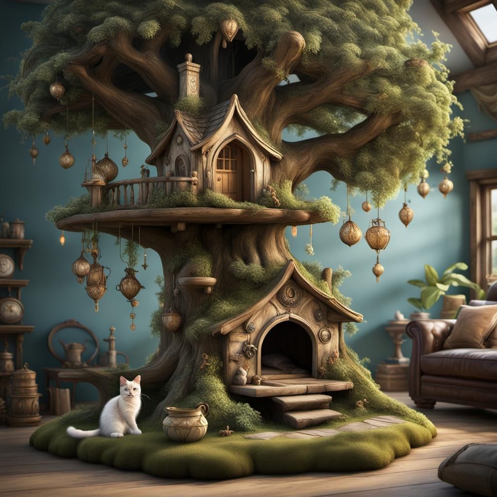 Photorealistic Fairy Cottage Cat Tree in Living Room