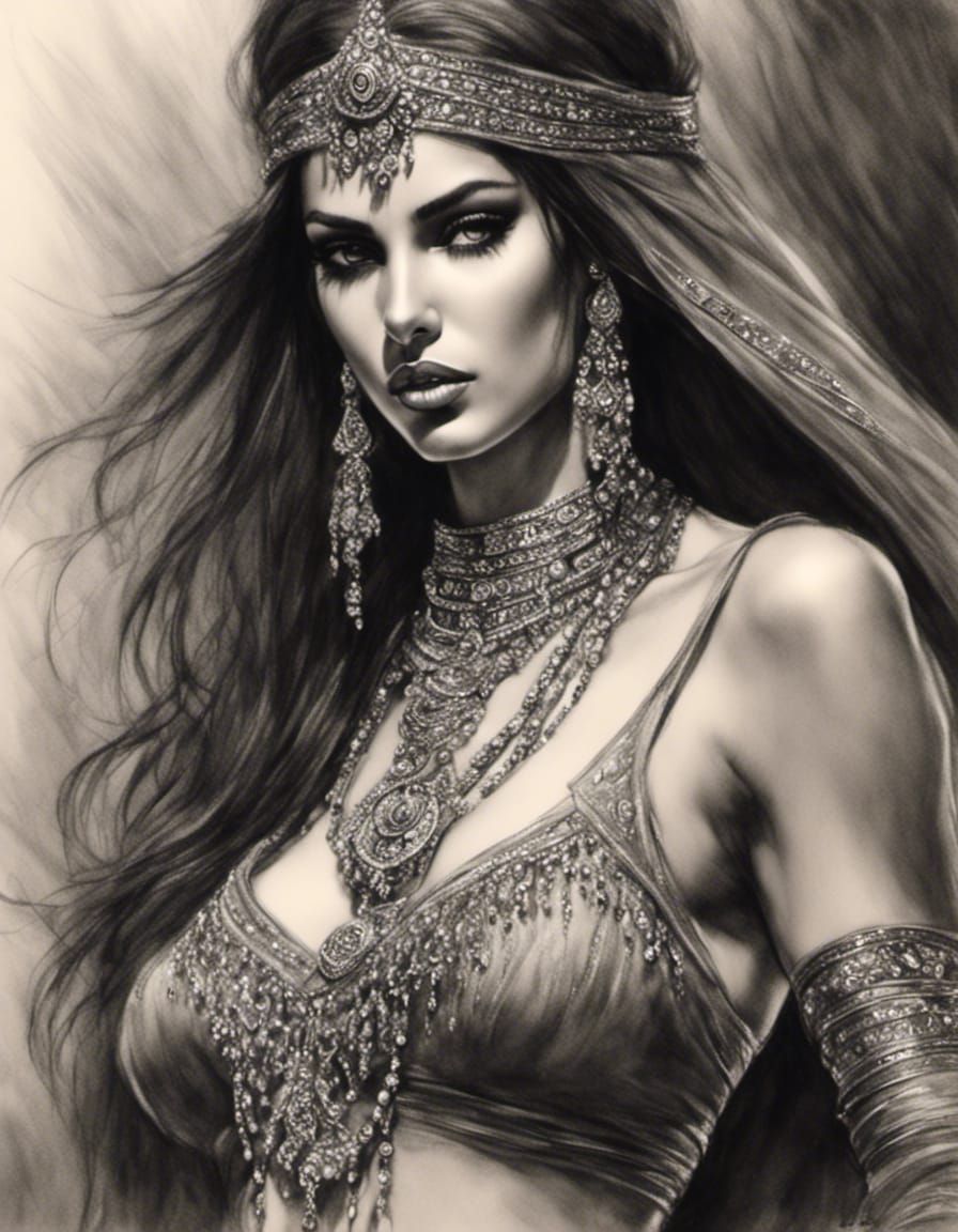 Arabian Belly Dancer and Knife Thrower in Charcoal