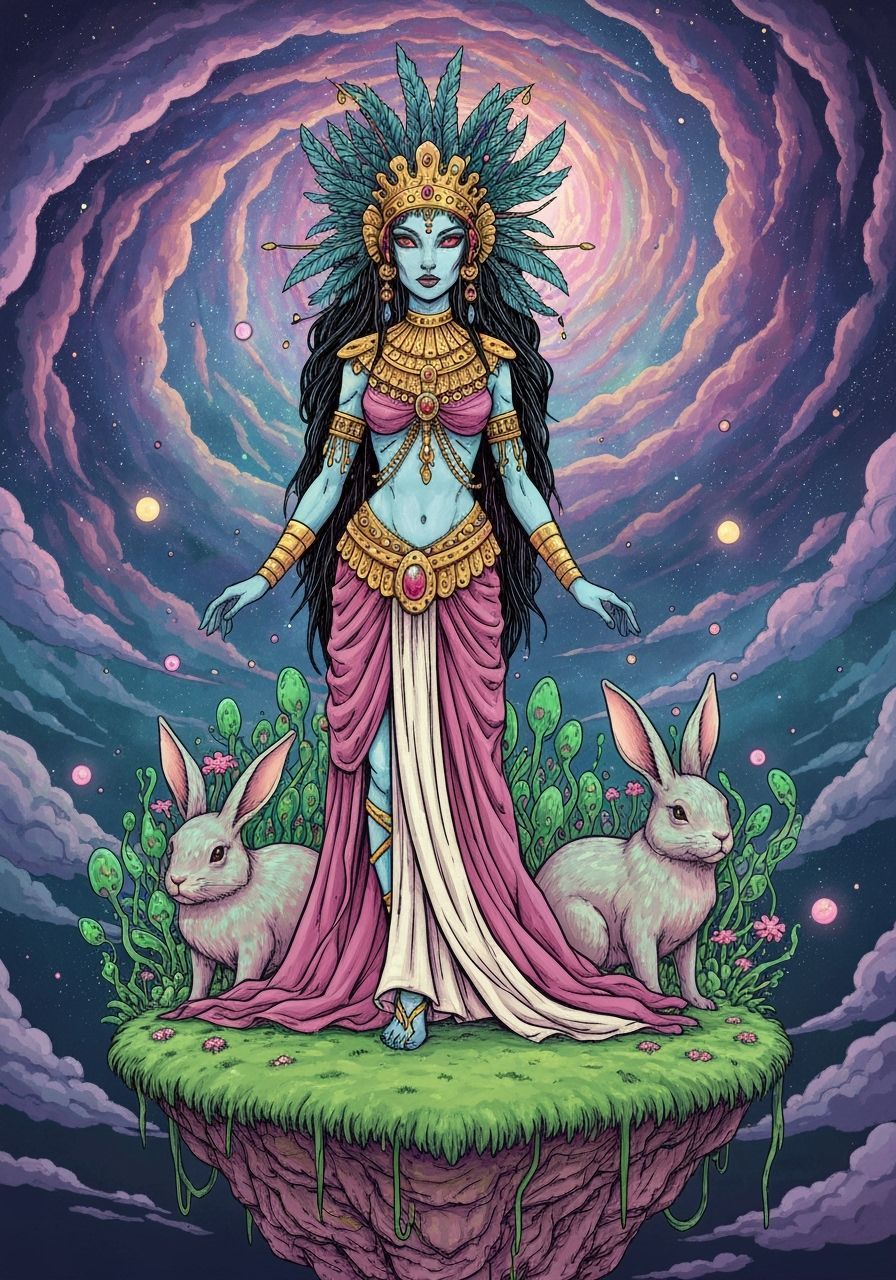 Alien Queen on Floating Rabbit Island in Cosmic Nebula