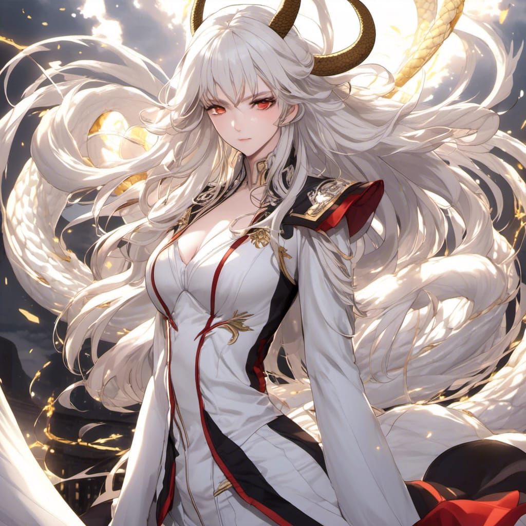 Anime-Style Snake-Human Hybrid with Horns and White Hair