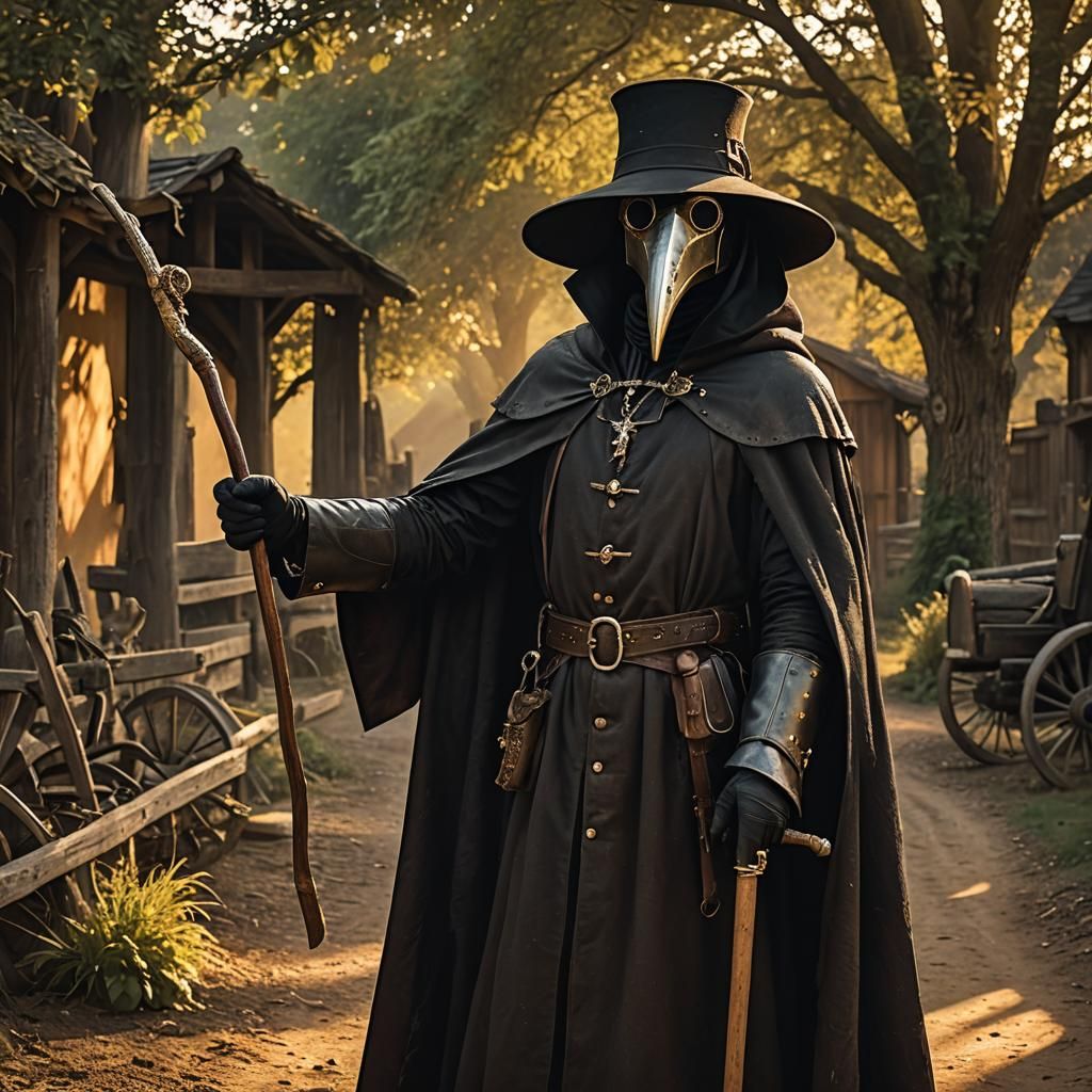 Medieval Plague Doctor Beckons from Horse-Drawn Wagon