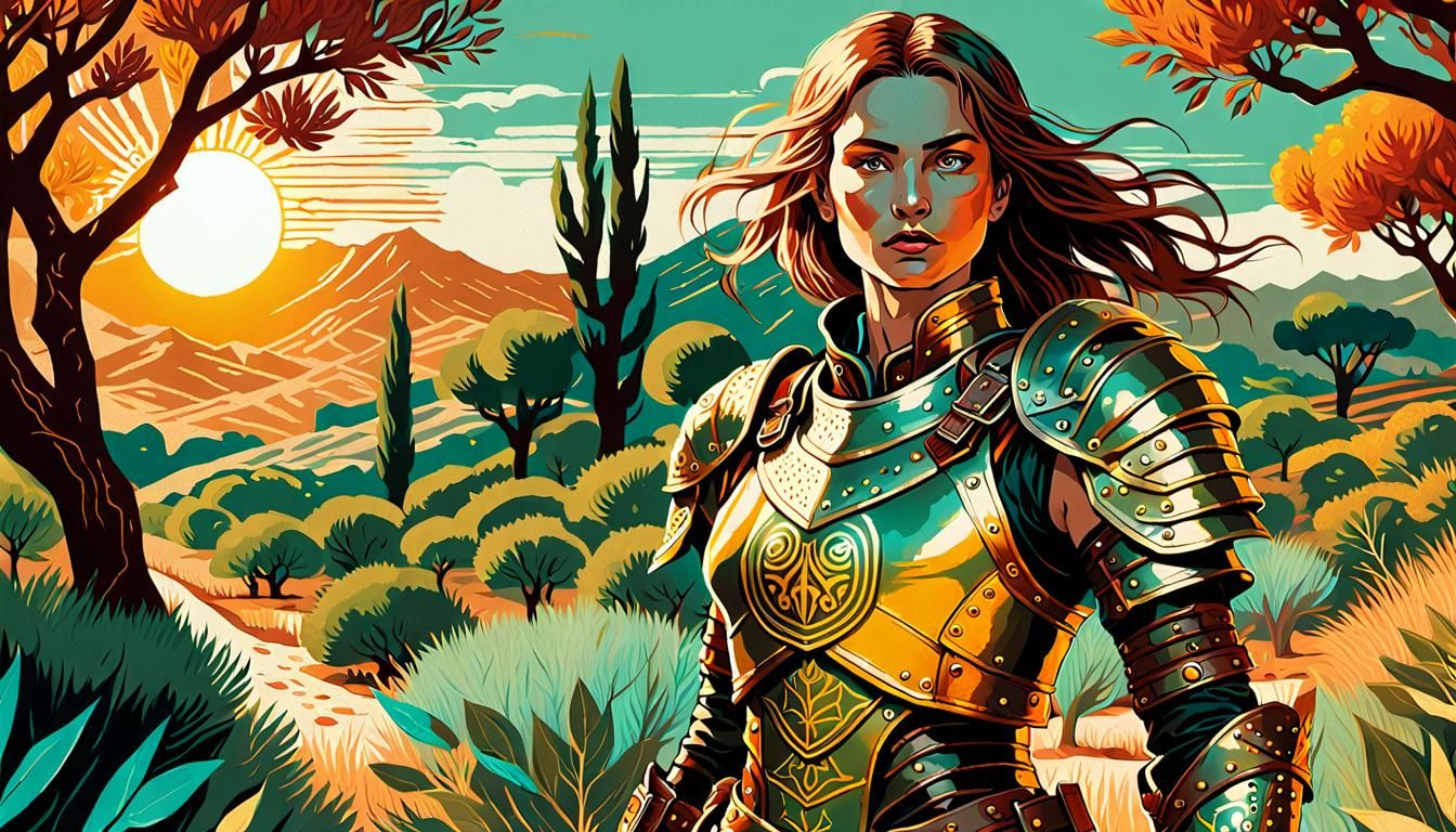 Fantasy Warrior Emerges from Olive Groves