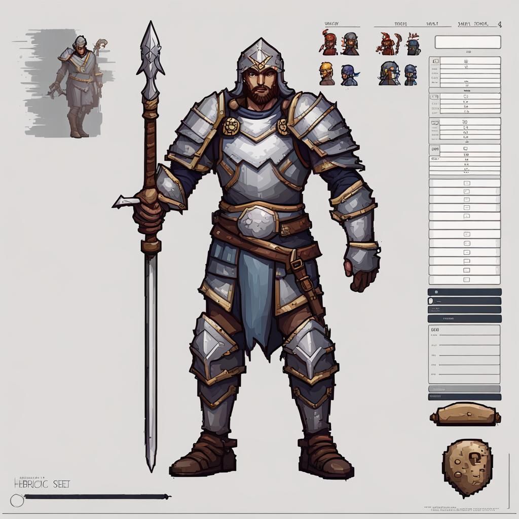 Heroic Fantasy Warrior RPG Character Sheet: Pixel Art