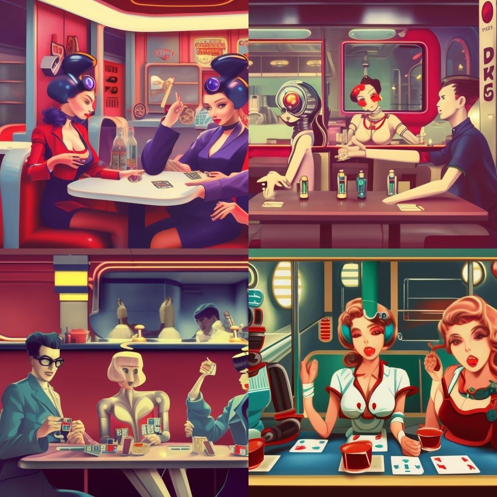Robots Playing Cards in 50's Diner, Anime Style