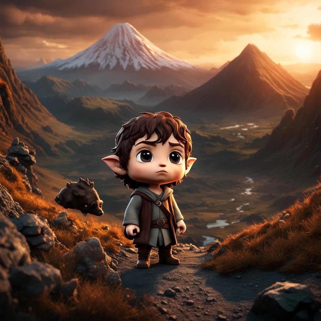 Chibi Frodo and Gollum in Mordor, 3D Render