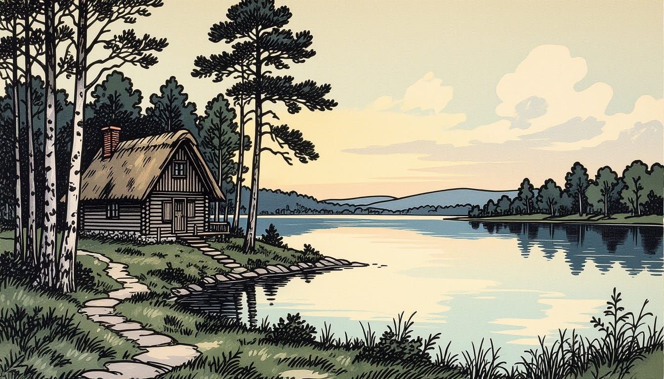Lake Cabin Landscape in Lithography Style