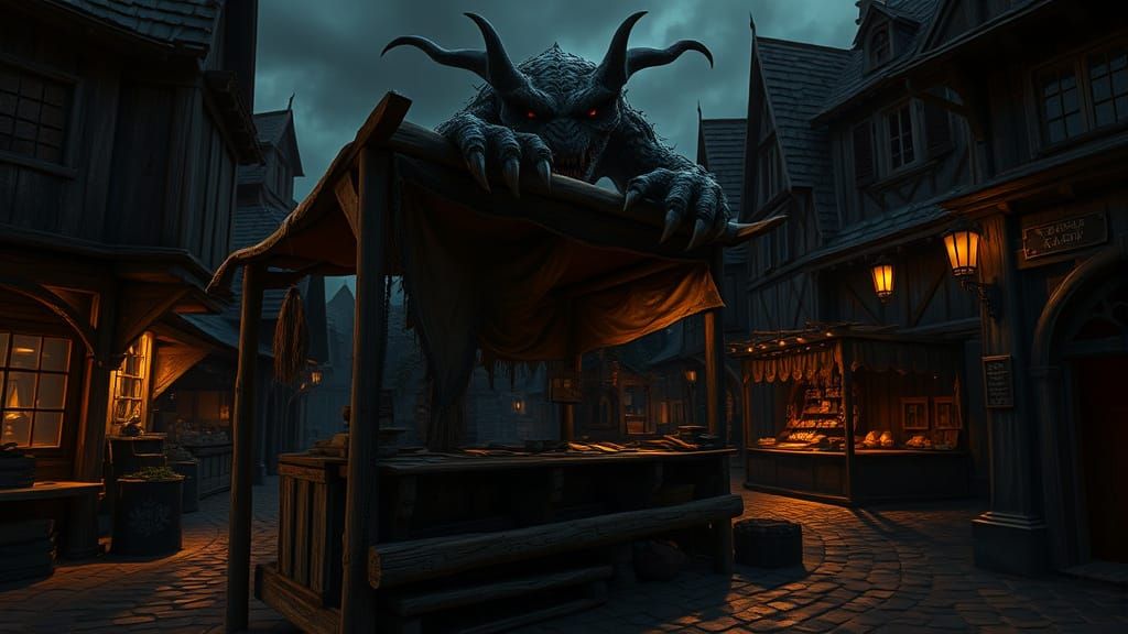 Medieval Monster Lurks Behind Torn Market Stall