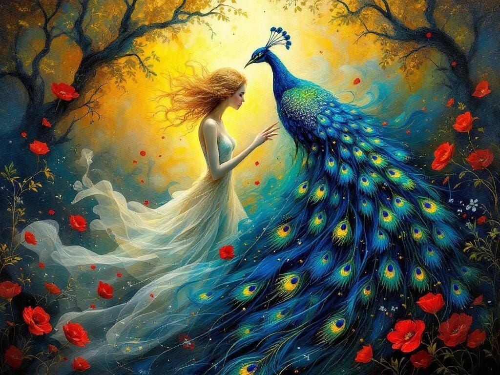 Ethereal Figures with Peacock in Surreal Van Gogh Style
