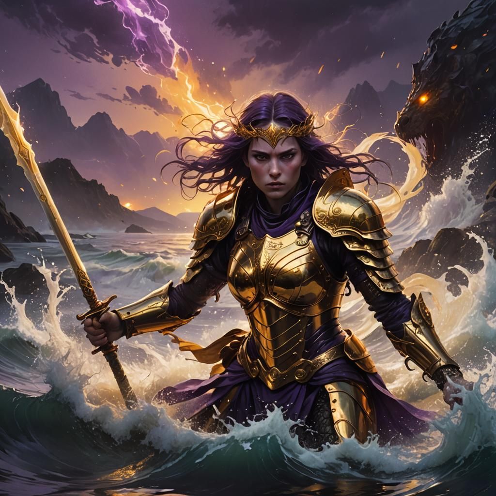 Pale Woman Warrior Emerges from Lake: Dark Fantasy Art