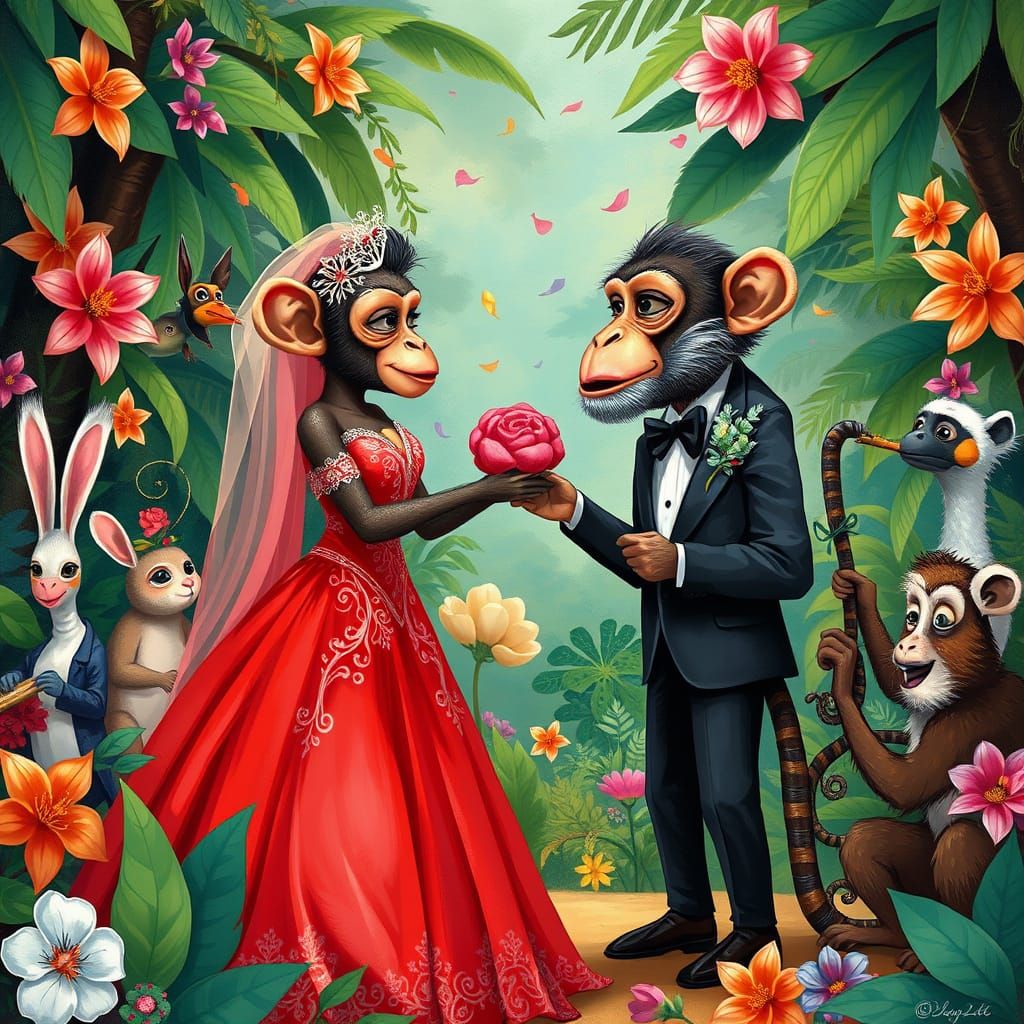 Whimsical Jungle Wedding Scene in Vibrant, Dreamlike Style