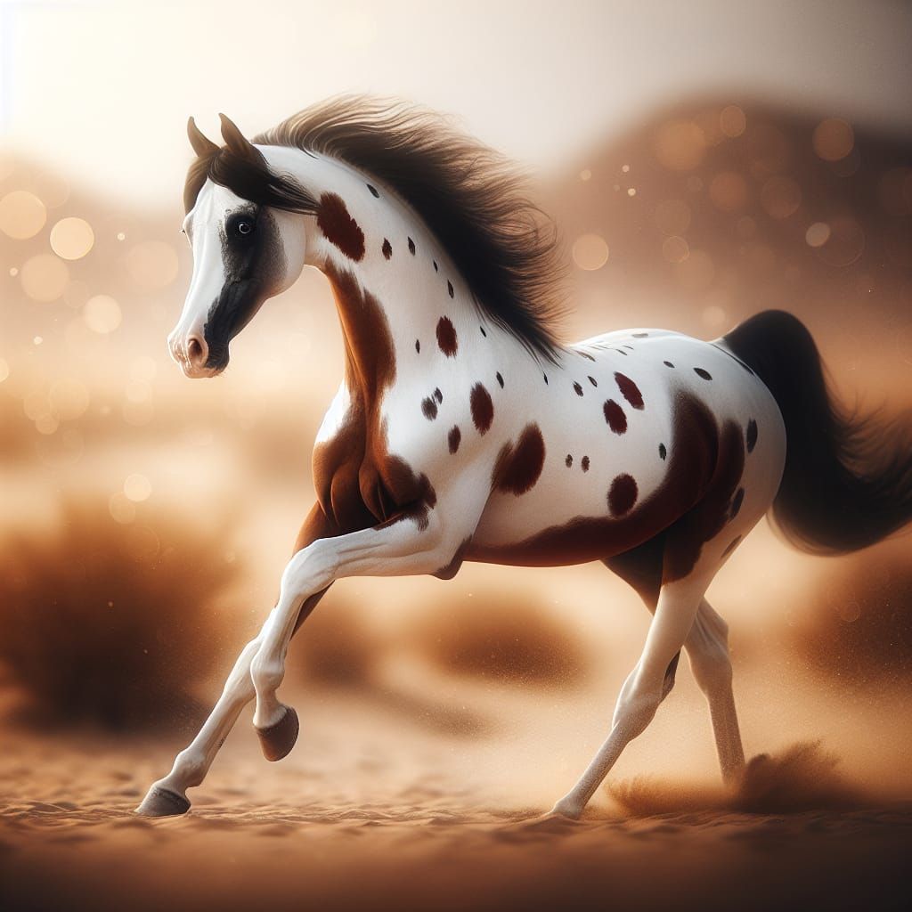 Pinto Arabian Stallion Prancing in Desert, Professional Phot...