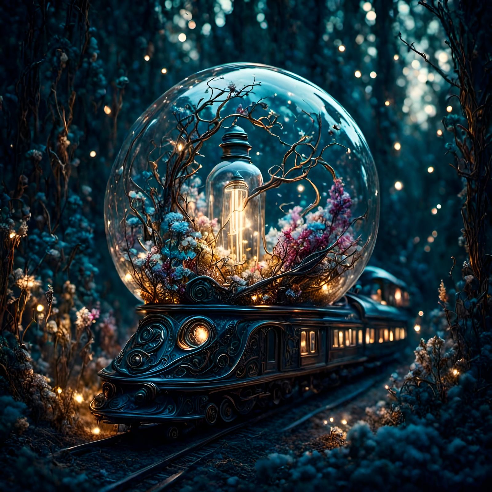 Cybernetic Lightbulb with Train in Dreamy Wonderland