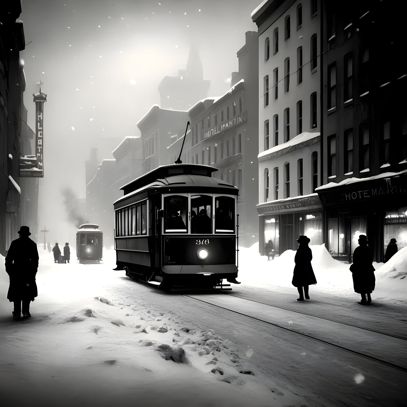 Snowy City Street Scene in Black and White, Late 1800s